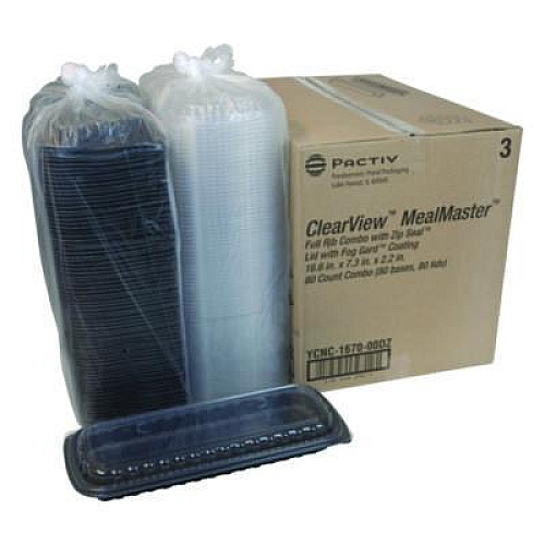 Pactiv Evergreen MealMaster Rib Container Base/Lid, 16.6 x 7.3 x 2.3, Black/Clear, Plastic, 80/Carton (YCNC167000DZ)
