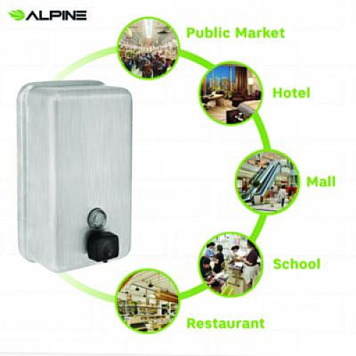Alpine Industries Vertical Manual Surface-Mounted Stainless Steel Liquid Soap Dispenser, 40 oz, 2.8 x 4.8 x 8.1, Brushed Stainless Steel (ALP423SSB)