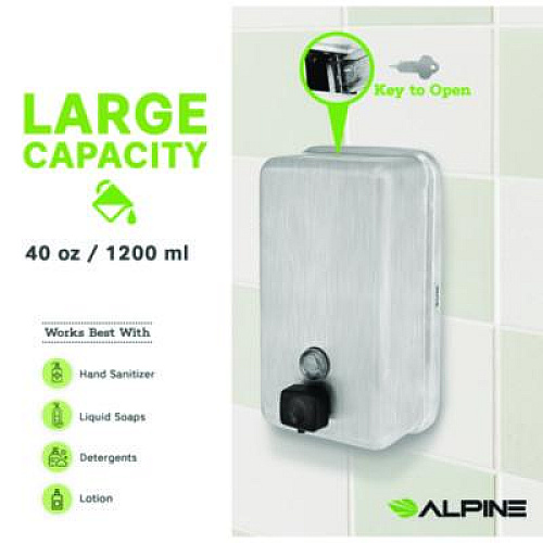 Alpine Industries Vertical Manual Surface-Mounted Stainless Steel Liquid Soap Dispenser, 40 oz, 2.8 x 4.8 x 8.1, Brushed Stainless Steel (ALP423SSB)