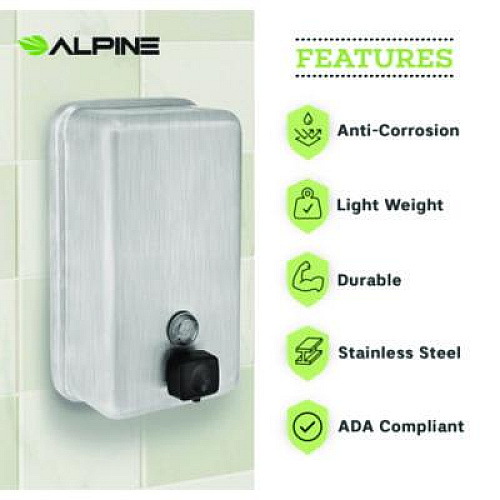 Alpine Industries Vertical Manual Surface-Mounted Stainless Steel Liquid Soap Dispenser, 40 oz, 2.8 x 4.8 x 8.1, Brushed Stainless Steel (ALP423SSB)