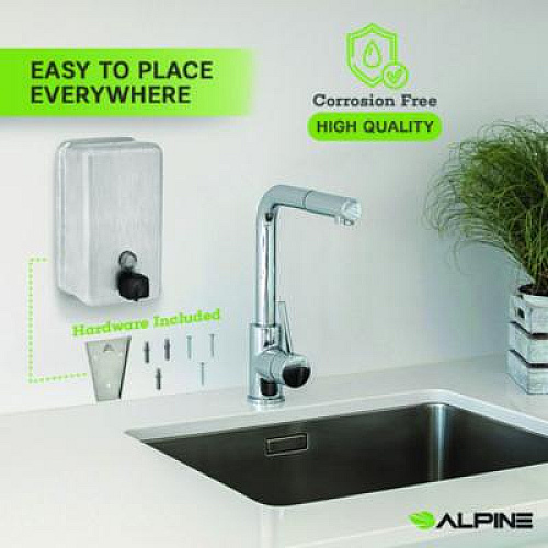 Alpine Industries Vertical Manual Surface-Mounted Stainless Steel Liquid Soap Dispenser, 40 oz, 2.8 x 4.8 x 8.1, Brushed Stainless Steel (ALP423SSB)