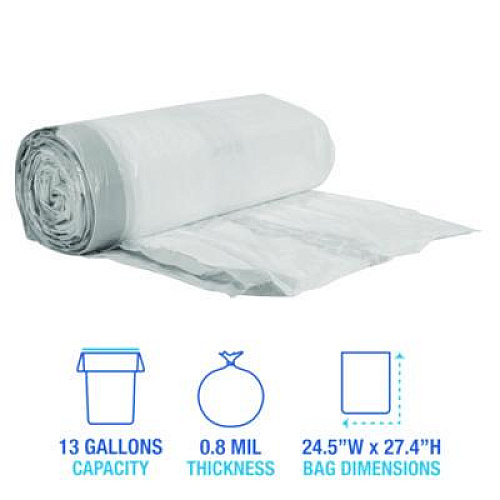 Boardwalk Drawstring Kitchen Bags/Liners, Drawstring, 13 gal, 24" x 28", White, 50 Bags/Roll, 2 Rolls/Carton (1DK100)