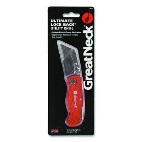 Great Neck Quick Change Lock Back Utility Knife, 3.5" Aluminum Handle, Orange (74201)