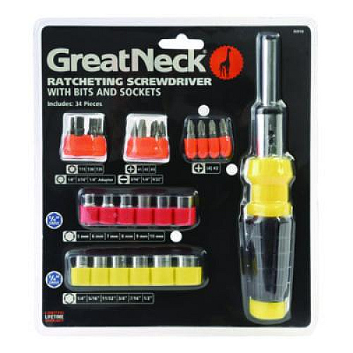 Great Neck Ratcheting Screw/Nut Driver Set, 34-Piece, Hex/Phillips/Slotted/Star Bits, Metric/SAE Sockets, 8" Long, Yellow/Black Handle (92018)