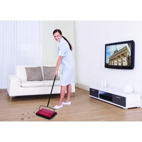 Alpine Industries Manual Triple Brush Carpet and Floor Sweeper, 42.5" Handle, Red (ALP469REDNEW)