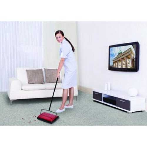 Alpine Industries Manual Triple Brush Carpet and Floor Sweeper, 42.5" Handle, Red (ALP469REDNEW)