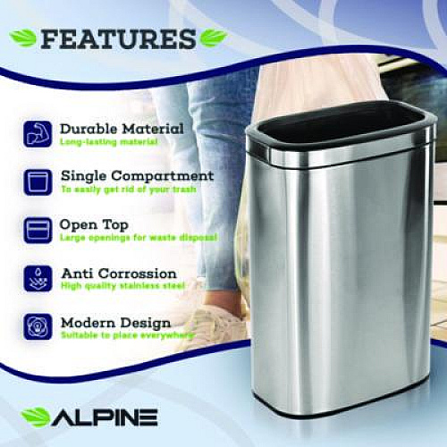 Alpine Industries Stainless Steel Rectangular Liner Open Top Trash Can, 10.5 gal, Brushed Stainless Steel (ALP47040L)