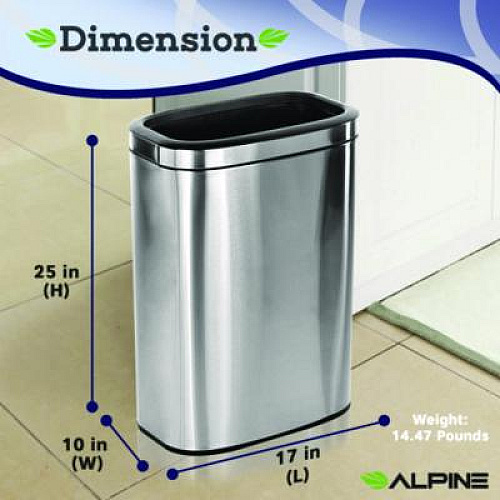 Alpine Industries Stainless Steel Rectangular Liner Open Top Trash Can, 10.5 gal, Brushed Stainless Steel (ALP47040L)