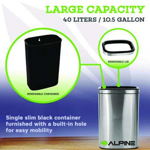 Alpine Industries Stainless Steel Rectangular Liner Open Top Trash Can, 10.5 gal, Brushed Stainless Steel (ALP47040L)