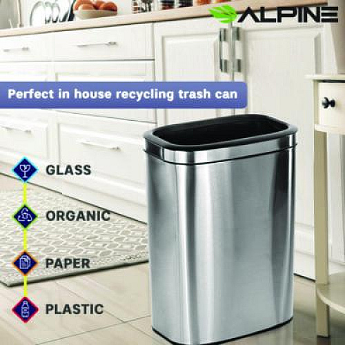 Alpine Industries Stainless Steel Rectangular Liner Open Top Trash Can, 10.5 gal, Brushed Stainless Steel (ALP47040L)