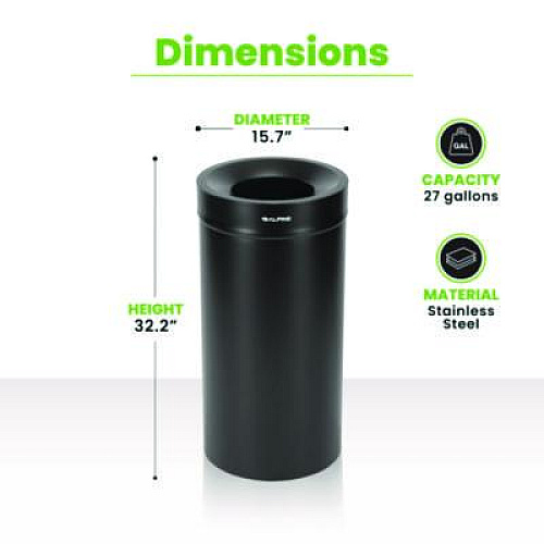 Alpine Industries 27 Gallon Stainless Steel Commercial Indoor Trash Can, Black (ALP47527BLK)