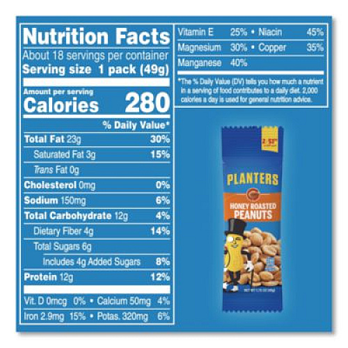 Planters Honey Roasted Peanuts, 1.75 oz Tube, 18/Box (20900625)