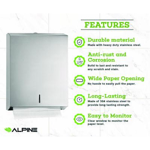 Alpine Industries Vertical C-Fold/Multi-Fold Paper Towel Dispenser, 14.5 x 4 x 11.2, Brushed Stainless Steel (ALP480)