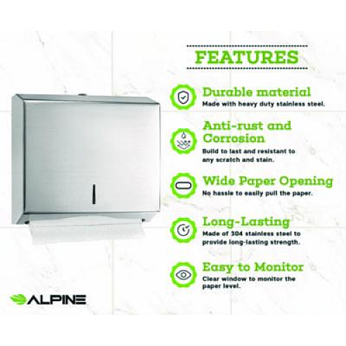Alpine Industries Horizontal C-Fold/Multi-Fold Paper Towel Dispenser, 10.2 x 4 x 11.2, Brushed Nickel (ALP481)