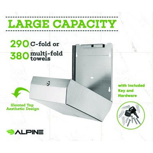 Alpine Industries Horizontal C-Fold/Multi-Fold Paper Towel Dispenser, 10.2 x 4 x 11.2, Brushed Nickel (ALP481)