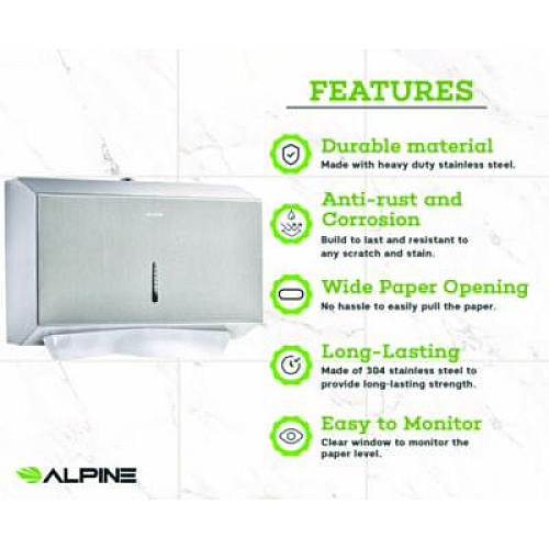 Alpine Industries Horizontal C-Fold/Multi-Fold Paper Towel Dispenser, 7.08 x 3.93 x 10.82, Brushed Nickel (ALP481S)