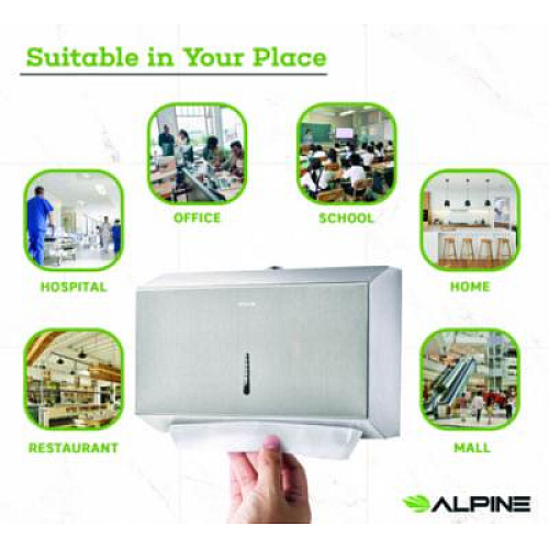 Alpine Industries Horizontal C-Fold/Multi-Fold Paper Towel Dispenser, 7.08 x 3.93 x 10.82, Brushed Nickel (ALP481S)