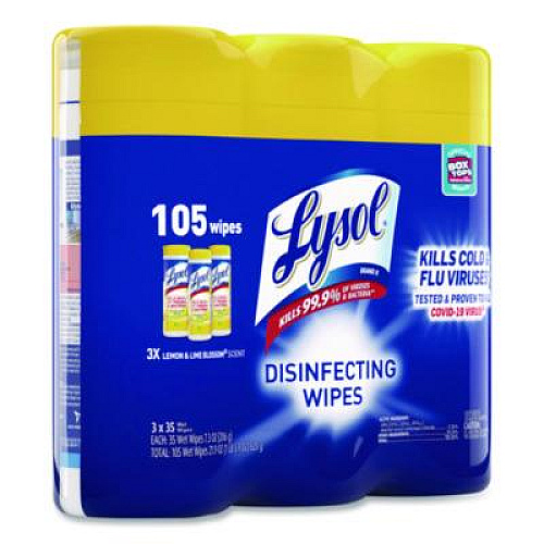LYSOL Brand Disinfecting Wipes, 1-Ply, 7 x 7.25, Lemon and Lime Blossom, White, 35 Wipes/Canister, 3 Canisters/Pack, 4 Packs/Carton (82159CT)