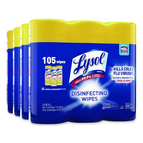 LYSOL Brand Disinfecting Wipes, 1-Ply, 7 x 7.25, Lemon and Lime Blossom, White, 35 Wipes/Canister, 3 Canisters/Pack, 4 Packs/Carton (82159CT)