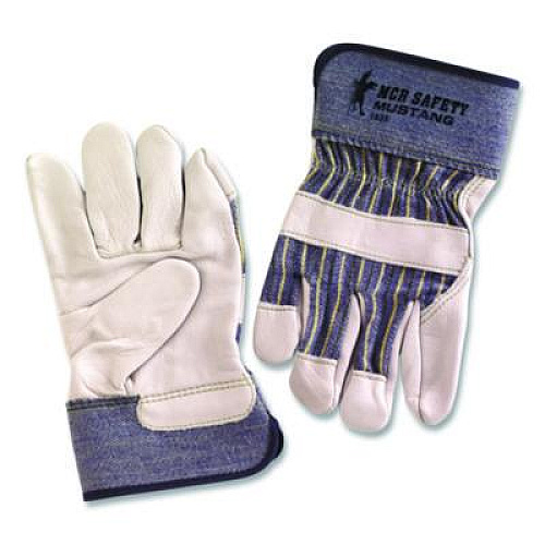 MCR Safety Mustang Leather Palm Gloves, Gunn Cut, Wing Thumb, X-Large, Blue/Cream, 12 Pairs (1935XL)