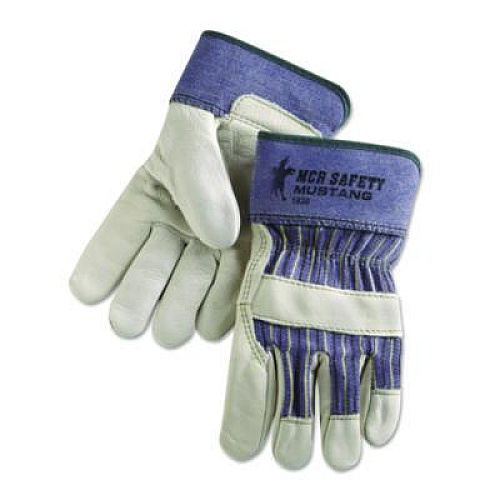 MCR Safety Grain Leather Palm Gloves, Gunn Cut, Wing Thumb, Medium, Blue Striped/White, 12 Pairs (1935M)