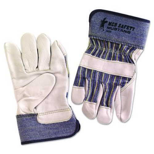 MCR Safety Grain Leather Palm Gloves, Gunn Cut, Wing Thumb, Medium, Blue Striped/White, 12 Pairs (1935M)