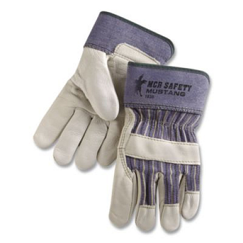 MCR Safety Mustang Leather Palm Gloves, Gunn Cut, Wing Thumb, Large, Blue/Cream, 12 Pairs (1935L)
