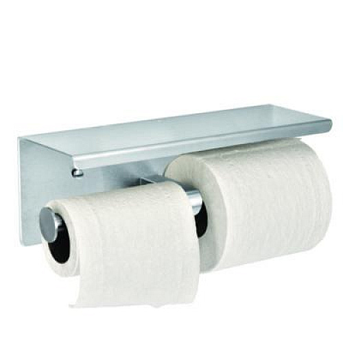 Alpine Industries Double Post Toilet Paper Holder with Shelf Storage Rack, 3.87 x 10.5 x 3.95, Brushed Stainless Steel (ALP487B)