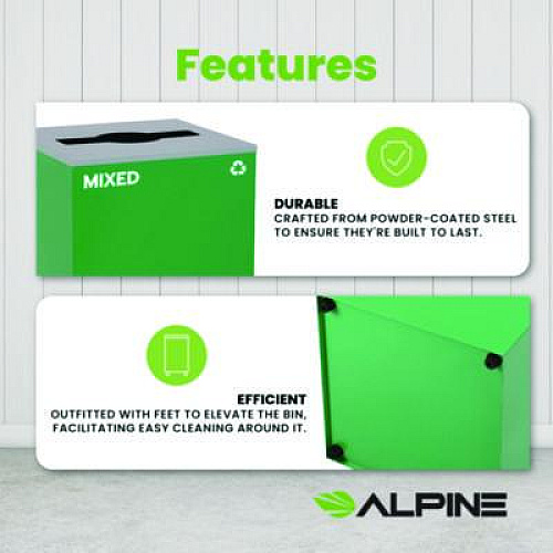 Alpine Industries 29 Gallon Trash/Recycling Cans, Steel, Green Mixed Recycling Can with Mixed Lid (4450KITGRNMM)