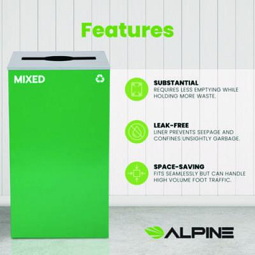 Alpine Industries 29 Gallon Trash/Recycling Cans, Steel, Green Mixed Recycling Can with Mixed Lid (4450KITGRNMM)