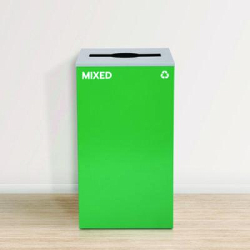 Alpine Industries 29 Gallon Trash/Recycling Cans, Steel, Green Mixed Recycling Can with Mixed Lid (4450KITGRNMM)