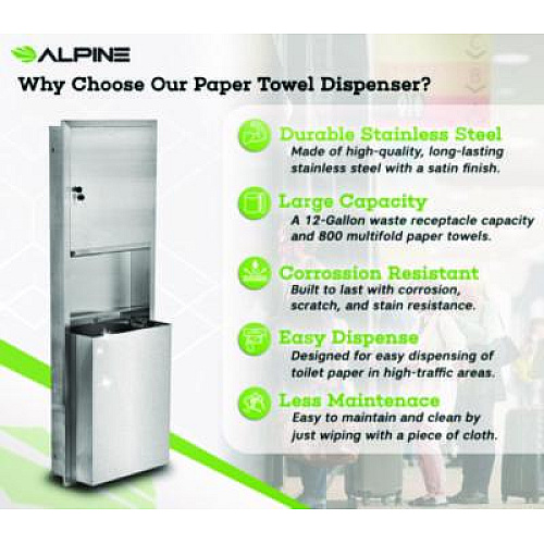Alpine Industries Stainless Steel Recessed Paper Towel Dispenser with Waste Receptacle, 56 x 4 x 17 (ALP492)