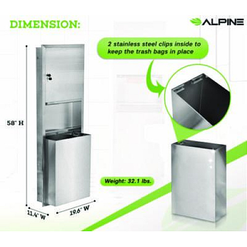 Alpine Industries Stainless Steel Recessed Paper Towel Dispenser with Waste Receptacle, 56 x 4 x 17 (ALP492)