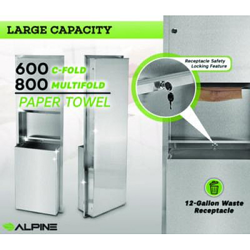 Alpine Industries Stainless Steel Recessed Paper Towel Dispenser with Waste Receptacle, 56 x 4 x 17 (ALP492)