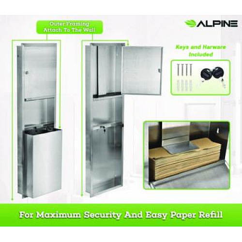 Alpine Industries Stainless Steel Recessed Paper Towel Dispenser with Waste Receptacle, 56 x 4 x 17 (ALP492)