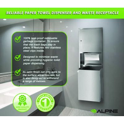 Alpine Industries Stainless Steel Recessed Paper Towel Dispenser with Waste Receptacle, 56 x 4 x 17 (ALP492)