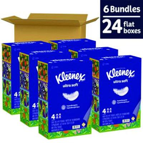 Kleenex Ultra Soft Facial Tissue, 3-Ply, White, 120 Sheets/Box, 4 Boxes/Pack, 6 Packs/Carton (54315)