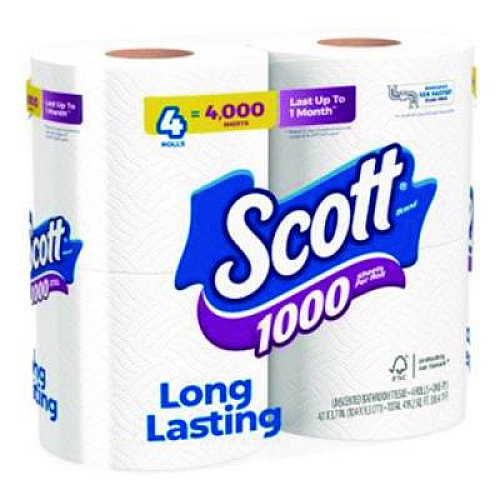 Scott 1000 Bathroom Tissue, Septic Safe, 1-Ply, White, 1,000 Sheets/Roll, 4 Rolls/Pack, 12 Packs/Carton (10183)