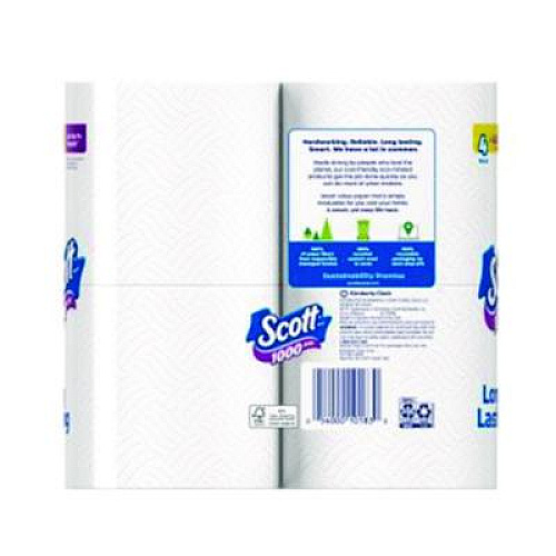 Scott 1000 Bathroom Tissue, Septic Safe, 1-Ply, White, 1,000 Sheets/Roll, 4 Rolls/Pack, 12 Packs/Carton (10183)