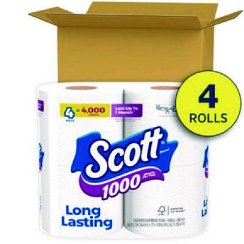 Scott 1000 Bathroom Tissue, Septic Safe, 1-Ply, White, 1,000 Sheets/Roll, 4 Rolls/Pack, 12 Packs/Carton (10183)