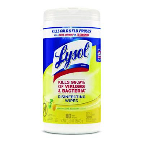 LYSOL Brand Disinfecting Wipes, 1 Ply, 7 x 7.25, Lemon and Lime Blossom, White, 80 Wipes/Canister, 6 Canisters/Carton (77182CT)