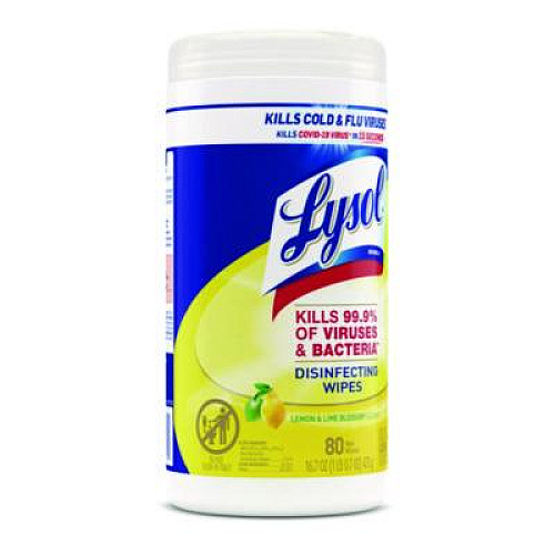 LYSOL Brand Disinfecting Wipes, 1 Ply, 7 x 7.25, Lemon and Lime Blossom, White, 80 Wipes/Canister, 6 Canisters/Carton (77182CT)