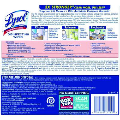 LYSOL Brand Disinfecting Wipes, 1 Ply, 7 x 7.25, Lemon and Lime Blossom, White, 80 Wipes/Canister, 6 Canisters/Carton (77182CT)