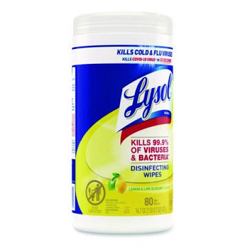 LYSOL Brand Disinfecting Wipes, 1-Ply, 7 x 7.25, Lemon and Lime Blossom, White, 80 Wipes/Canister (77182EA)