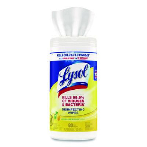LYSOL Brand Disinfecting Wipes, 1-Ply, 7 x 7.25, Lemon and Lime Blossom, White, 80 Wipes/Canister (77182EA)