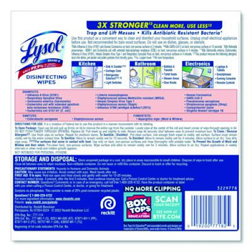 LYSOL Brand Disinfecting Wipes, 1-Ply, 7 x 7.25, Lemon and Lime Blossom, White, 80 Wipes/Canister (77182EA)