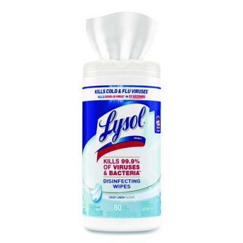 LYSOL Brand Disinfecting Wipes, 1-Ply, 7 x 7.25, Crisp Linen, White, 80 Wipes/Canister (89346)