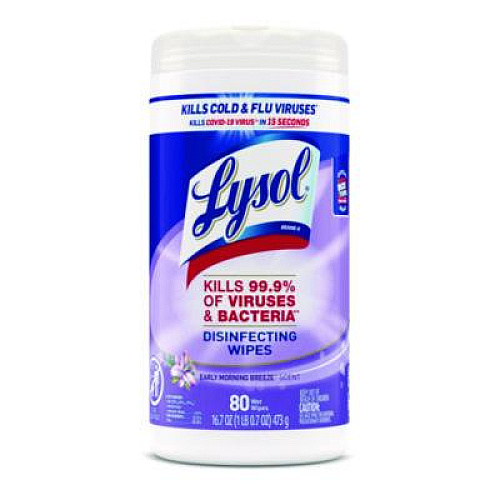 LYSOL Brand Disinfecting Wipes, 1-Ply, 7 x 7.25, Early Morning Breeze, White, 80 Wipes/Canister, 6 Canisters/Carton (89347CT)