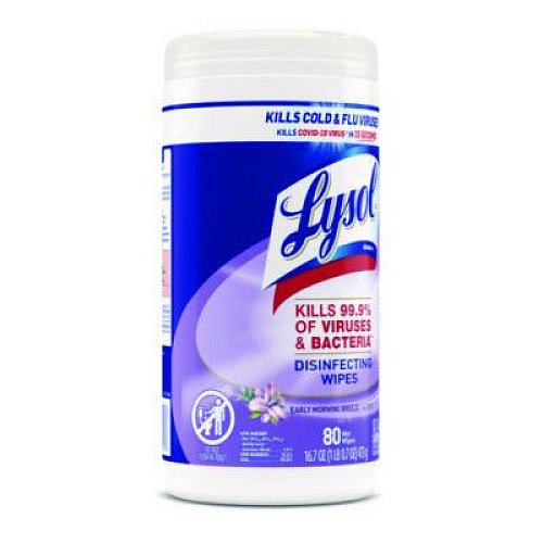 LYSOL Brand Disinfecting Wipes, 1-Ply, 7 x 7.25, Early Morning Breeze, White, 80 Wipes/Canister, 6 Canisters/Carton (89347CT)