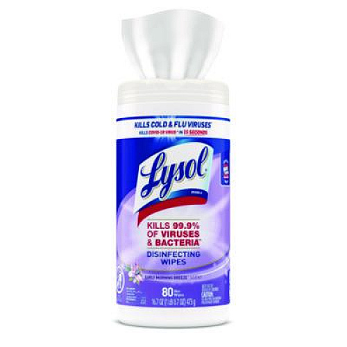 LYSOL Brand Disinfecting Wipes, 1-Ply, 7 x 7.25, Early Morning Breeze, White, 80 Wipes/Canister, 6 Canisters/Carton (89347CT)